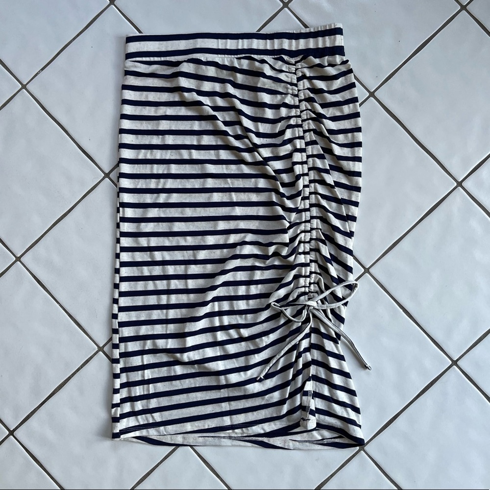 NWT Love Scarlett Navy Natural Linen Stripe Ruched Midi Skirt